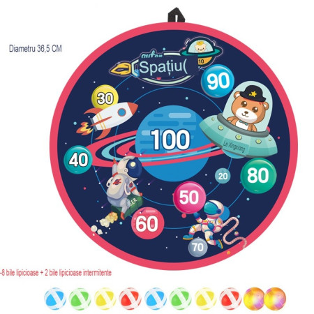 Joc Darts Cyrax pentru Copii, Placa Pliabila 36.5 cm, 8 Mingii Velcro/Scai Simple, 2 Mingii Luminoase, Model Spatiu, Albastru