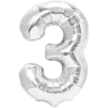 Balon din Folie Metalizata, Cyrax, Figurina Cifra, Tema Aniversare 80 cm, Ambalaj Individual, Pai inclus, Umflare cu Aer sau Heliu, Argintiu, Cifra 3