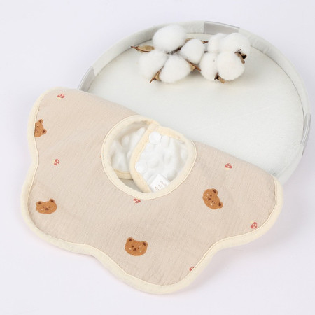 Baveta Tip Floare, Cyrax, din Bumbac, pentru Copii 0-12 Luni, Rezistenta la apa, cu Capse, Model cu Ursuleti, 26 x 29 cm, Crem