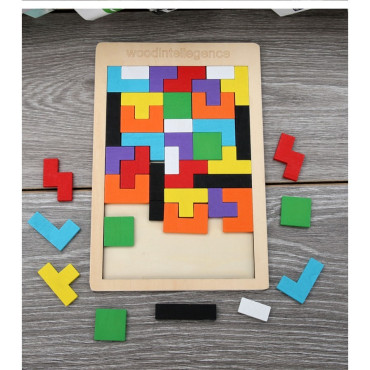 Puzzle Montessori, Cyrax, din Lemn, Tip Tetris, +36 Luni, Forme Neregulate, 40 Piese, 26.5 x 17.7 cm, Multicolor