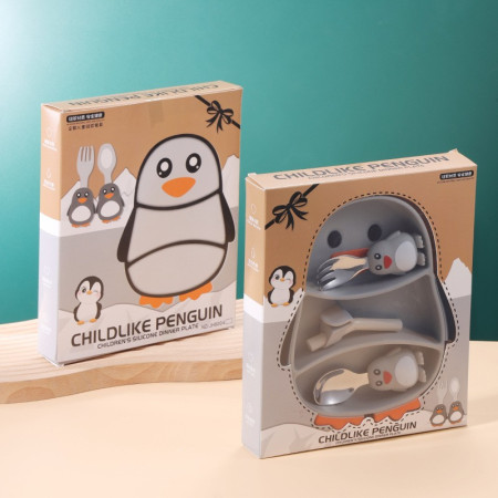 Set diversificare bebelusi Cyrax, din silicon, 23.5 x 12.5 cm, 1 farfurie compartimentata in forma de pinguin, lingurita si furculita, pai, perie pai, fara alergeni, ventuza fixare,  forma creativa,  gri