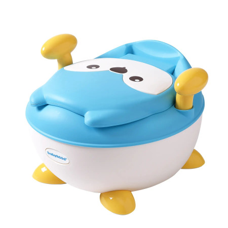 Olita pentru Copii, Cyrax, +6 luni, Compartiment Detasabil, cu Capac, Antiderapanta, din Plastic, Colac Moale, Model Animat Vulpe, cu Maner, 34.5 x 35 x 23 cm, Albastru/Alb