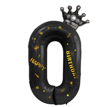 Balon din Folie Metalizata Cyrax, Figurina Cifra si Coroana, Scris Happy Birthday, Tema Aniversare 100 cm, Ambalaj Individual, Pai inclus, Umflare cu Aer sau Heliu, Negru, Cifra 0