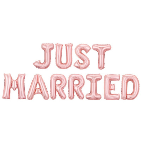 Set Baloane din Folie Metalizata, Cyrax, Model Just Married, Litere de 40 cm, Baloane Party, Ambalaj Individual, Pai, Ata si Adeziv Incluse, Umflare cu Aer sau Heliu, Roz