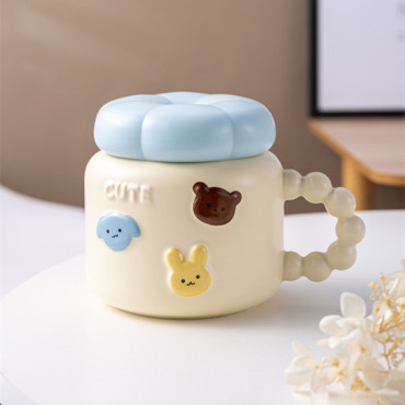 Cana pentru Copii, Cyrax, din Portelan, print Figurine Animalute, Model CUTE, Cana cu Capac, Ceasca pentru Cafea, Ceai, 400ml Galben deschis