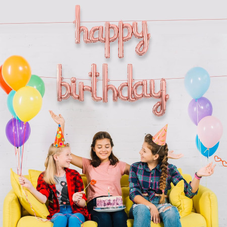 Set Baloane din Folie Metalizata, Cyrax, Model Happy Birthday, 45x85 cm, 45x124cm, Baloane Party, Ambalaj Individual, Pai Inclus, Umflare cu Aer sau Heliu, Roz Pal