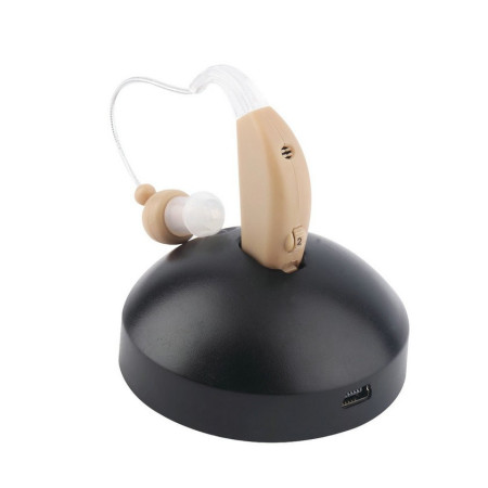 Aparat Auditiv BTE Reincarcabil, Cyrax, JZ-1088F, Aparat Auditiv Auxiliar cu Statie de Incarcare, In EAR, Amplificator de Sunet, din ABS Silicon, Bej