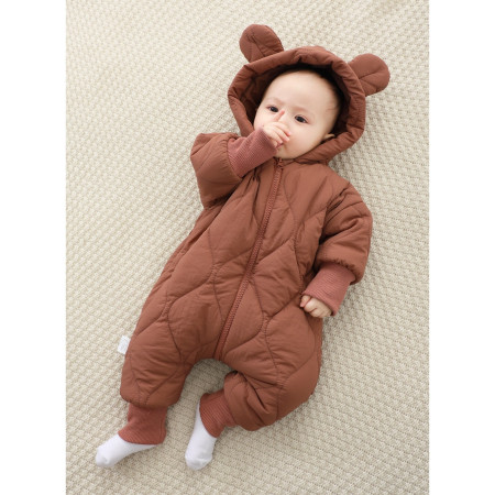 Combinezon de Iarna, Cyrax, pentru Bebelusi, din Bumbac, cu Urechi, Mansete Elastice, Unisex, 73 cm, Visiniu