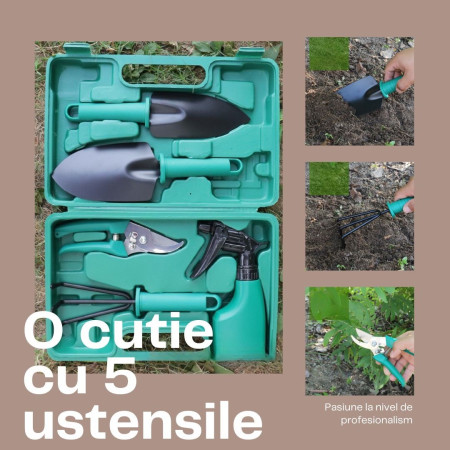 Set 5 accesorii pentru gradinarit  geanta depozitare inclusa, otel inoxidabil, 18.5 x 29.5 cm, verde