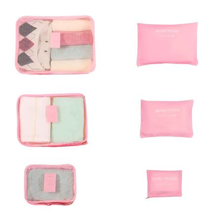 Set 6 Genți de Calatorie,  pentru Depozitare, Impermeabile, Organizator, Multifuncționale, Design cu Plasa, Pliabile, Fermoar, Dimensiuni Diferite, Roz
