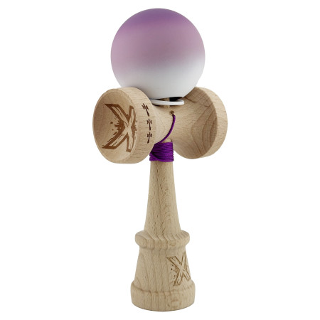 Kendama X Originala, Profesionala, Cyrax, Cupe Mari KING SIZE V3, Rubber Grip, Gaura in Baza, Rulment Metalic, din lemn 18 cm, Ata 62/65 cm, Gradient Mov/Alb