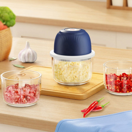 Tocator Electric pentru Bucatarie, Cyrax, Model Presa Electrica pentru Legume Fructe Carne Umpluturi Sosuri, Otel Inoxidabil, 14 x 10.5 x 10.5 cm, 350 ml, Albastru Inchis