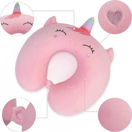 Perna de Calatorie in Forma de U,  Pentru Gat si Cap, Umplutura din Spuma cu Memorie, 30x30 cm, Model Unicorn, Accesoriu de Voiaj, Birou, Masina, Sistem Prindere Capse, Roz