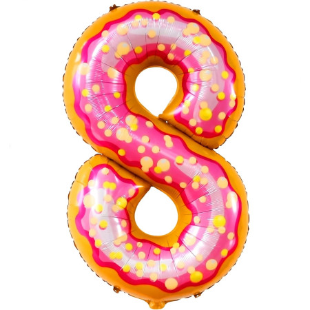 Balon din Folie Metalizata Cyrax, Figurina Cifra, Imprimeu Gogosi, Tema Aniversare 100 cm, Ambalaj Individual, Pai inclus, Umflare cu Aer sau Heliu, Multicolor, Cifra 8