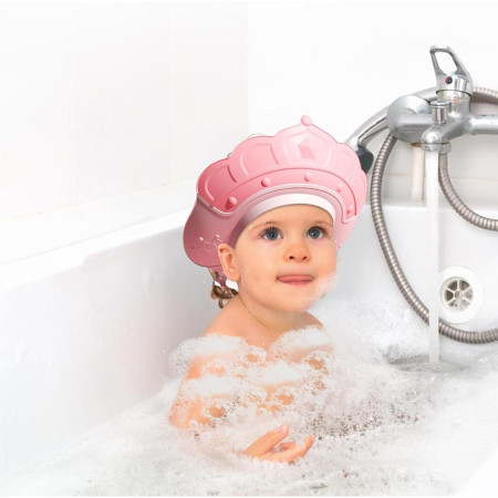 Casca de Dus, Cyrax, Previne Scurgerea Apei si Samponului pe Fata, 0-12 Ani, Ajustabila, din TPE+PP, 20 x 23 cm, Model Coroana, Roz