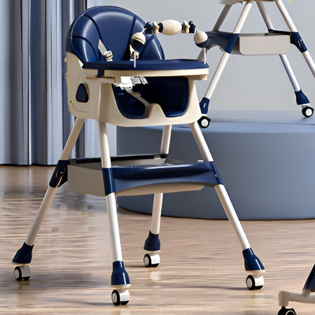Scaun de Masa pe Roti pentru Copii, Cyrax, 2 Tavite si Husa Detasabile, Multifuncțional, Stabil, Centura de Siguranta, Spatar Reglabil Moale, Balansoar, Cos de Depozitare, de la 6 Luni, Albastru