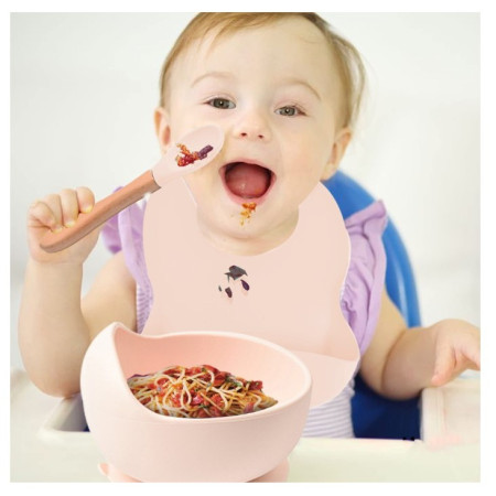 Set 10 piese diversificare bebelusi si copii din silicon Cyrax, baveta, farfurie compartimentata cu ventuza, bol cu ventuza, tacamuri din lemn si silicon, cana pentru gustari, fara alergeni, roz pal