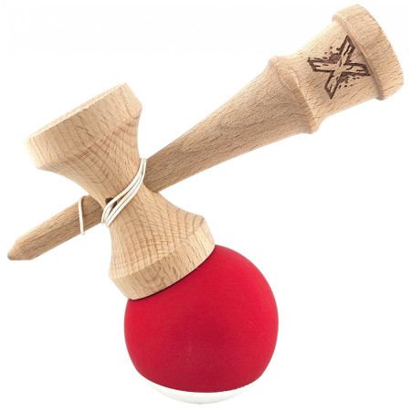 Kendama X Originala, Profesionala, Cyrax, din Lemn,  Rubber Grip, 18 cm, Rosu/Alb