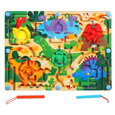 Joc Montessori de Sortare Culori, Cyrax, Creion Magnetic, Tip Labirint Ilustrat, din Lemn, Model Dinozauri, 39x29x1.5 cm