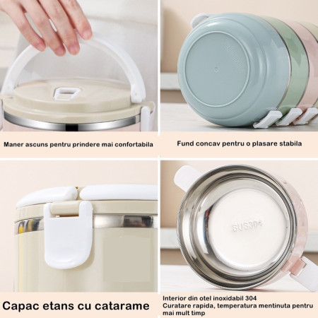 Caserola pentru alimente Cyrax, lunch box, 700 ml, otel inoxidabil, maner, valva aerisire, inchidere etansa, 15 x 8.5 cm, albastru