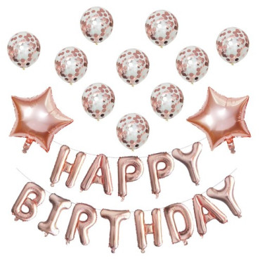 Cyrax Set 12 Baloane si 1, Set pentru Aniversare, mesaj Happy Birthday, din folie de aluminiu, 30 -45 cm, Cu paiete, latex si folie, Rose Gold