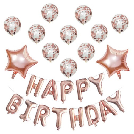 Cyrax Set 12 Baloane si 1, Set pentru Aniversare, mesaj Happy Birthday, din folie de aluminiu, 30 -45 cm, Cu paiete, latex si folie, Rose Gold