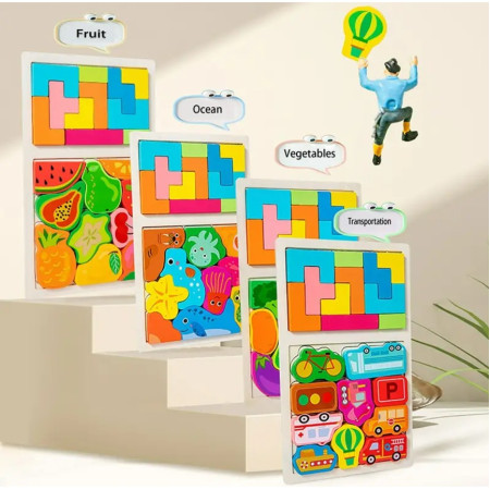 Puzzle Montessori din Lemn pentru Copii, Cyrax, Tip Tetris 2in1 +3 Ani, cu Animale Marine Colorate 3D, Educativ, Intuitiv, Creativ, 21 de Piese, 28.5x17x1.2 cm, Multicolor