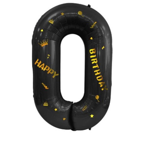 Balon din Folie Metalizata Cyrax, Figurina Cifra, Scris Happy Birthday, Tema Aniversare 100 cm, Ambalaj Individual, Pai inclus, Umflare cu Aer sau Heliu, Negru, Cifra 0