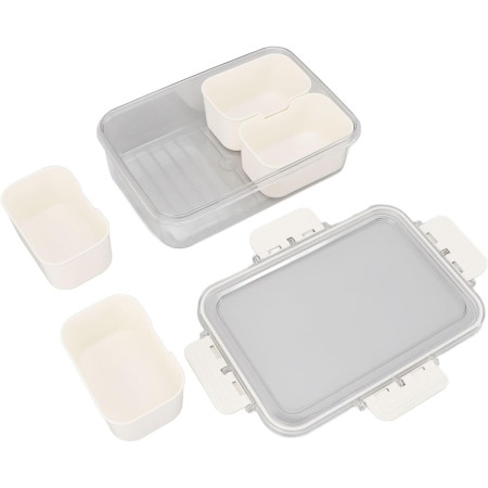 Cutie Alimentara Multifunctionala, Cyrax, pentru Condimente, Gustari,  Inchidere Etans, cu Capac si Maner, 4 Compartimente, 25 x 8 x 18 cm, Alb