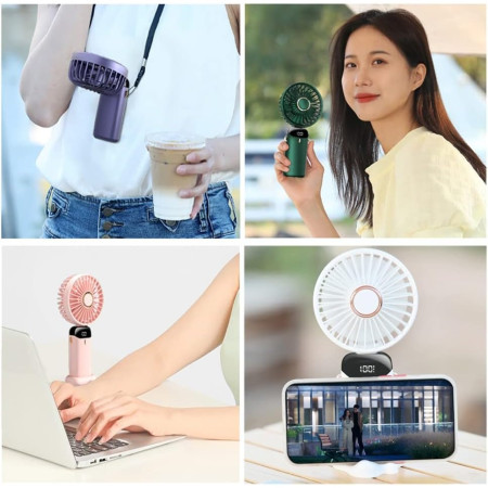 Ventilator Ultra Portabil cu Aromaterapie,  3 in 1, de Mana, de Birou, de Gat, 5 Trepte de Viteza, Incarcare USB, Autonomie 12h, Pliabil, cu Ecran LCD, Mov