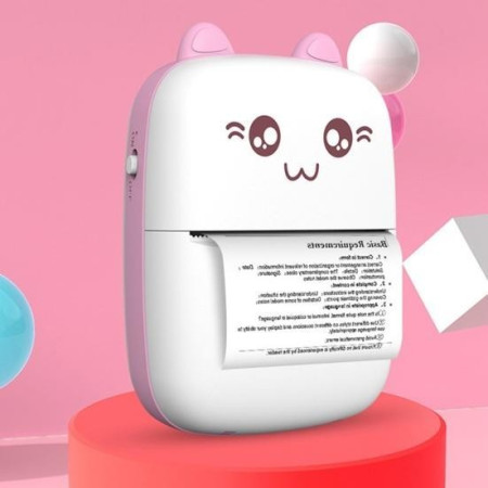 Mini Imprimanta Foto Portabila, Cyrax, Incarcare USB, Bluetooth, Model Ursulet, 12 x 9 x 5 cm, Alb Roz