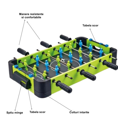 Masa de fotbal cu teren si 18 jucatori Cyrax, 6 manere, cu Tablou Scor, din Metal si ABS, 70 x 59 x 64 cm, Design Multicolor, pentru copii/adulti, verde