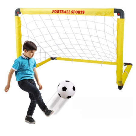 Set Poarta de Fotbal pentru Copii, Cyrax, 45x60 cm, Minge, Cartonase, Pompa, Fluier, Interactiv, Distractiv, Galben