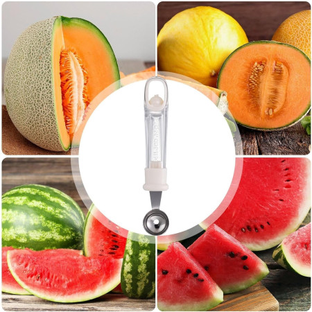 Lingura pentru Bile de Fructe, Cyrax, Scobitor Fructe, Ustensila Multifunctionala pentru Fructe, Accesoriu de Bucatarie, Lingura Antialunecare pentru Salata de Fructe, 17.6 x 2.9 cm, Bej