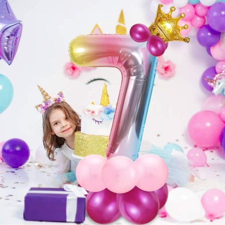 Balon din Folie Metalizata Gradient Cyrax, Figurina Cifra, Tema Aniversare 100 cm, Ambalaj Individual, Pai inclus, Umflare cu Aer sau Heliu, Multicolor, Cifra 7