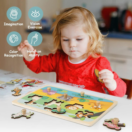 Puzzle Montessori din Lemn pentru Copii, Cyrax, 0-3 Ani, Model Animale din Jungla, Educativ, Intuitiv, Creativ, 9 Piese, 30x22.5x0.8 cm, Multicolor