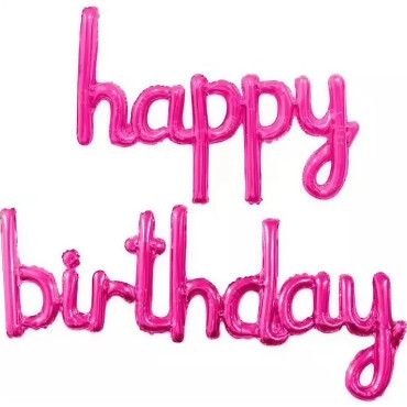 Set Baloane din Folie Metalizata, Cyrax, Model Happy Birthday, 45x85 cm, 45x124cm, Baloane Party, Ambalaj Individual, Pai Inclus, Umflare cu Aer sau Heliu, Roz