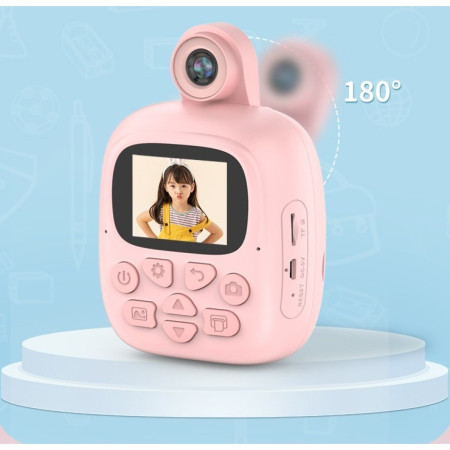 Camera Instantanee pentru Copii, Cyrax, Camera Frontala + Selfie, cu Functie de Printare, Cablu USB-C, Bluetooth, Compatibil iOS/Android, Imprimare APP, Model Bunny, Roz
