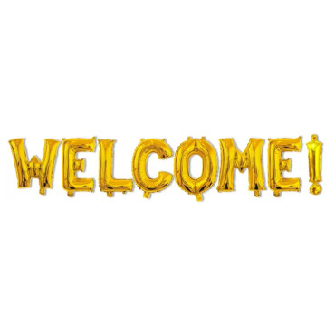 Set Baloane din Folie Metalizata, Cyrax, Model WELCOME!, Litere de 40 cm, Baloane Party, Ambalaj Individual, Pai Inclus, Umflare cu Aer sau Heliu, Auriu