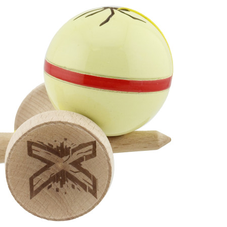 Kendama X Originala Silken, Profesionala, Cyrax, Cupe Mari KING SIZE V3, Super Sticky, Gaura in Baza, Rulment Metalic, din lemn 18 cm, Ata 62/65 cm, Cream Galben
