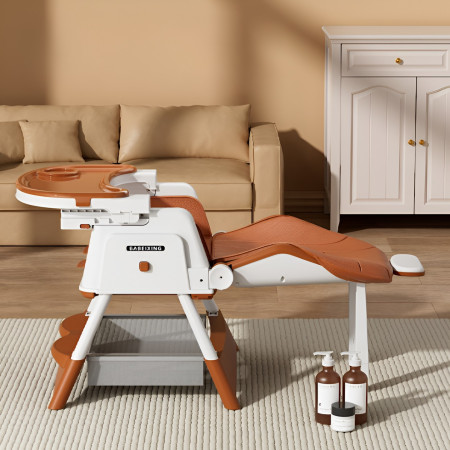 Scaun de Masa pentru Bebelusi si Copii Cyrax, cu Roti, cu Tetiera, Telescopic, Pliabil, Masuta Reglabila, Suport Picioare, Scaun cu Invelis Piele Artificiala, Centura Siguranta, Spatiu Depozitare, 97 x 73 x 65 cm, Maro