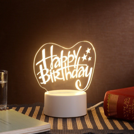 Lampa LED decorativa,  3D, Happy Birthday, cu USB si baterii, 20 cm inaltime, din material acril, lumina multicolora si telecomanda inclusa, alb