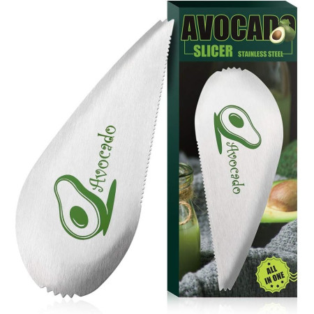 Taietor special pentru avocado Cyrax, 3 in 1, forma curbata, zimti pentru apucare si taiere, din otel inoxidabil, 15 x 6 cm, gri