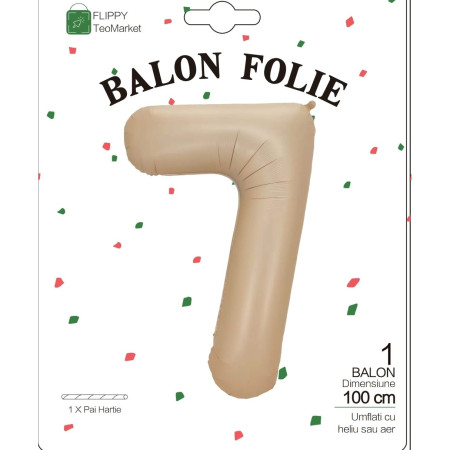 Balon din Folie Metalizata, Cyrax, Figurina Cifra, Model 7, Tema Aniversare 100 cm, Ambalaj Individual, Pai Inclus, Umflare cu Aer sau Heliu, Crem