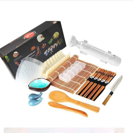 Set Ustensile pentru Sushi, Cyrax, Set din 19 Accesorii pentru Sushi, Set pentru Sushi HOME MADE, Cutit Inclus, Forme, Betisoare, Multicolor