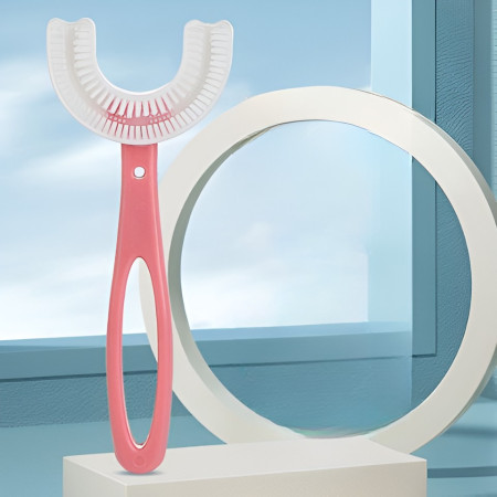 Periuta de Dinti in Forma de U,  pentru Copii 6-12 ani, Peri Moi, 12 cm, Model Inima, Culoare Roz