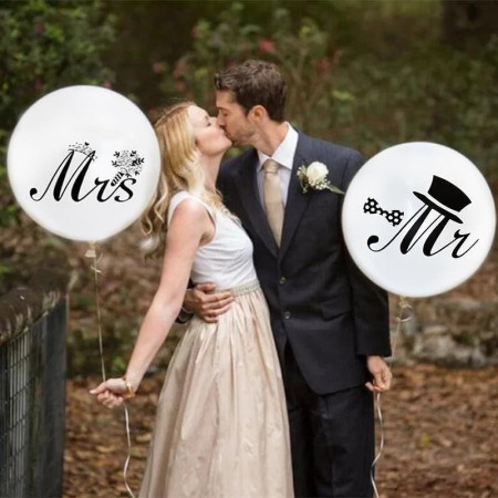 Set 10 Baloane din Latex, Cyrax, Model Party Casatorie, Mr&Mrs Just Married, 2.8 g, 30 cm, Alb/Negru