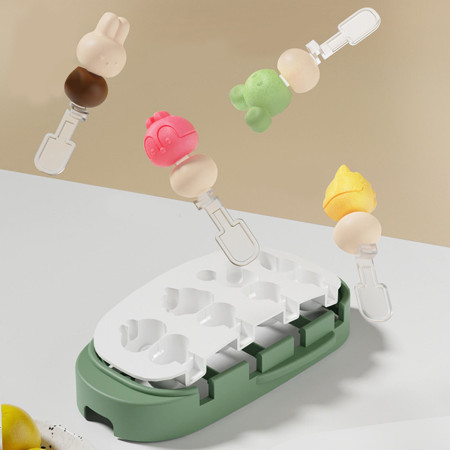 Forma pentru inghetata Cyrax, 4 compartimente, forme cu animalute, materialsilicon si ABS, 21 x 12.8 x 3cm, verde