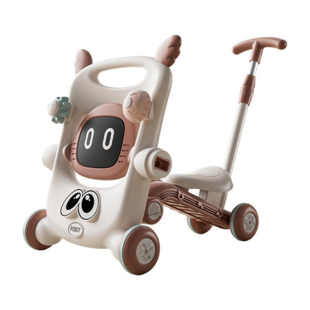 Antemergator pentru Copii 8 in 1, Cyrax, Multifunctional, cu Maner de Impingere Detasabil, Scuter, Trotineta, Scaun Reglabil, Tavita Detasabila, Stabil, Antiderapant, 4 Roti, 56x44x64cm, 9-12 Luni, Maro