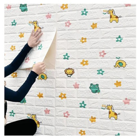 Set 10 Placi Tapet 3D,  70 x 77 cm, Grosime 3 mm, din Polietilena, Tip Caramida, Model Animalute si Floricele, Suprafata acoperita 5.3 mp, Alb